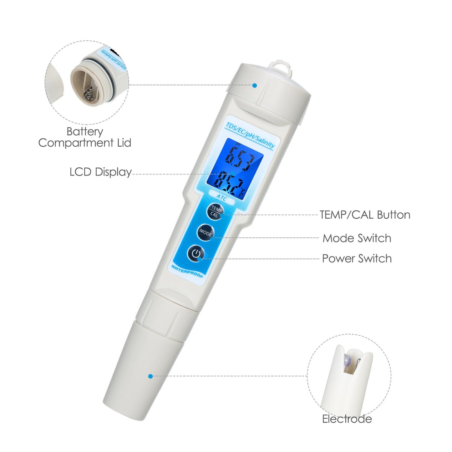 5-in-1 pH Meter Lightweight Durable Waterproof Multi-functional TDS / EC / pH / Salinity / Temperature Meter Water Quality Tester