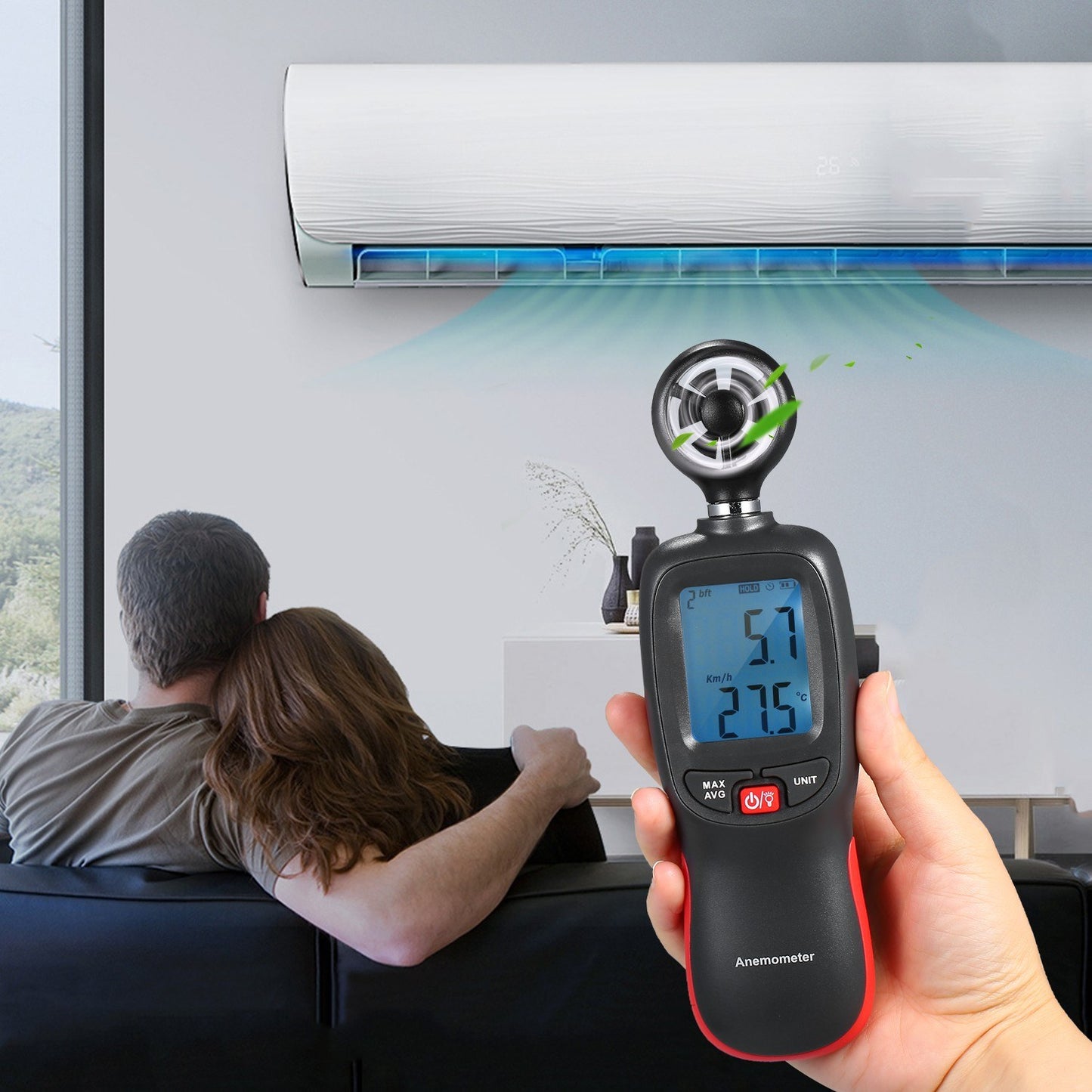 Digital Anemometer Handheld Wind Speed Meter Gauge Air Flow Velocity Measurement Thermometer with Max / Data Hold Mode