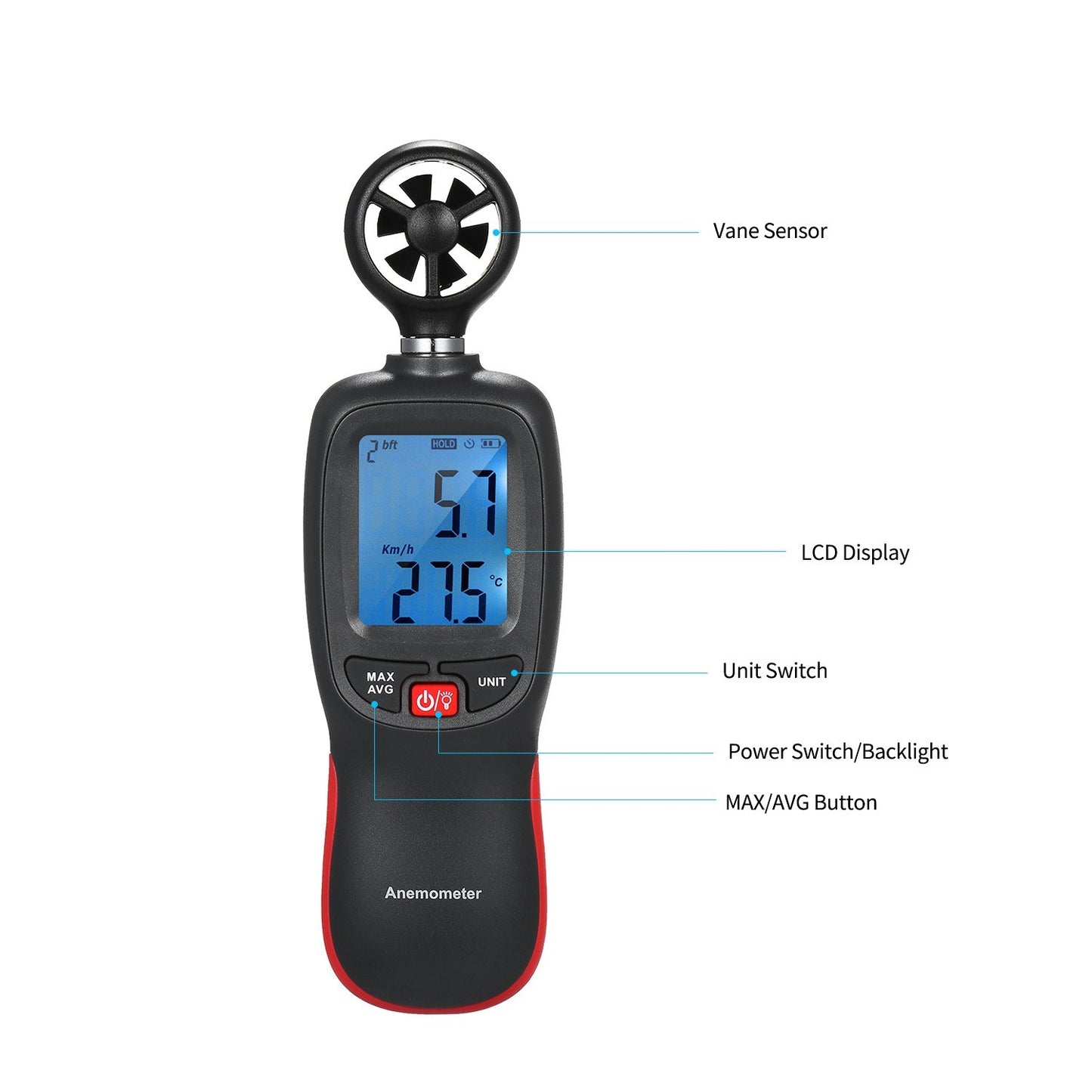 Digital Anemometer Handheld Wind Speed Meter Gauge Air Flow Velocity Measurement Thermometer with Max / Data Hold Mode