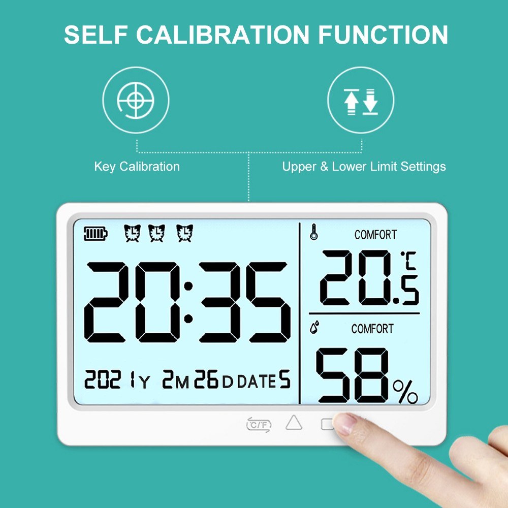 Room Thermometer Hygrometer Digital Humidity Meter Temperature Monitor Electronic Alarm Clock with Time and Date