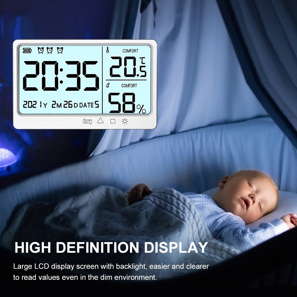 Room Thermometer Hygrometer Digital Humidity Meter Temperature Monitor Electronic Alarm Clock with Time and Date