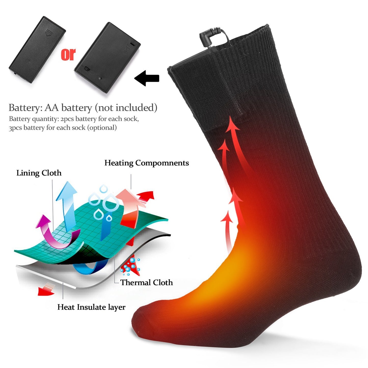 1Pair Heated Socks Battery Powered Cold Weather Thermal Heating Socks Electric Heated Foot Warmer for Hunting Skiing Campin - 2Pcs Batteries Required