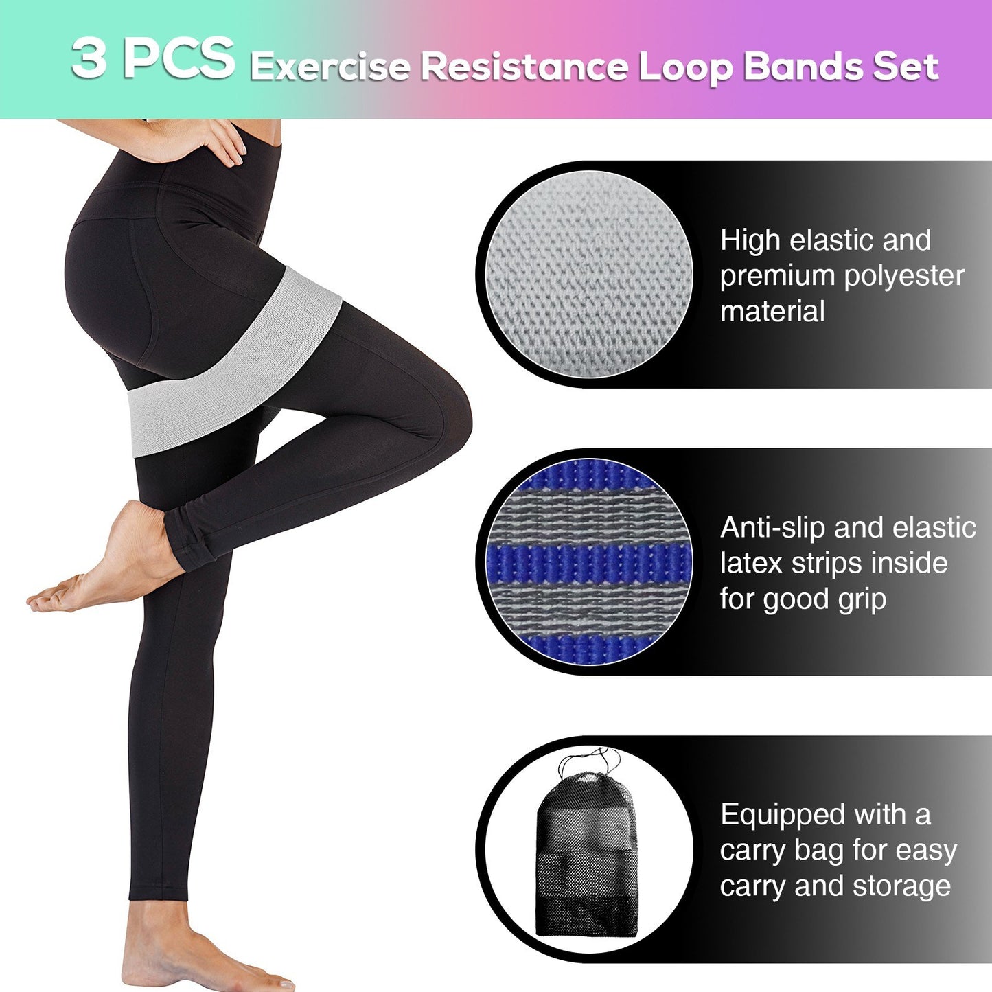 3Pcs Resistance Bands Set Non-Slip Polyester Cotton Exercise Bands 3 Levels Workout Bands for Legs and Butt