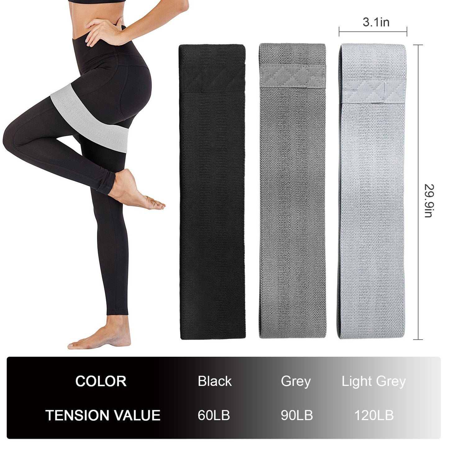 3Pcs Resistance Bands Set Non-Slip Polyester Cotton Exercise Bands 3 Levels Workout Bands for Legs and Butt