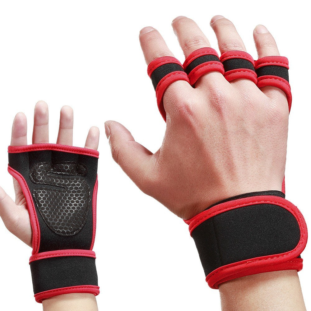 1 Pair Sports Ventilated Workout Gloves Lifting Pads Hand Protector with Integrated Wrist Wraps for Weight Lifting, Training, Fitness, Exercise - Red / Size: L