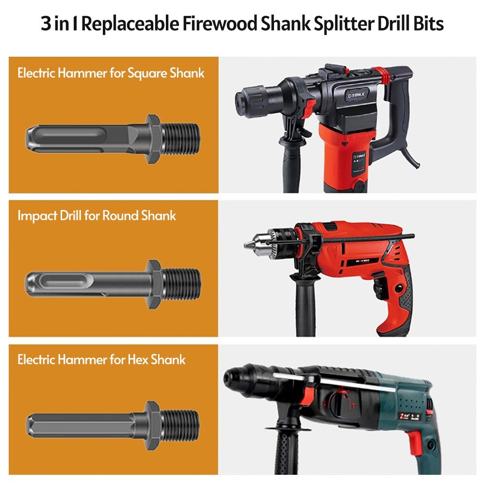3Pcs Replaceable Shank Square Round Hex 42mm Sharp Head Firewood Drill Bit for Electric Drill