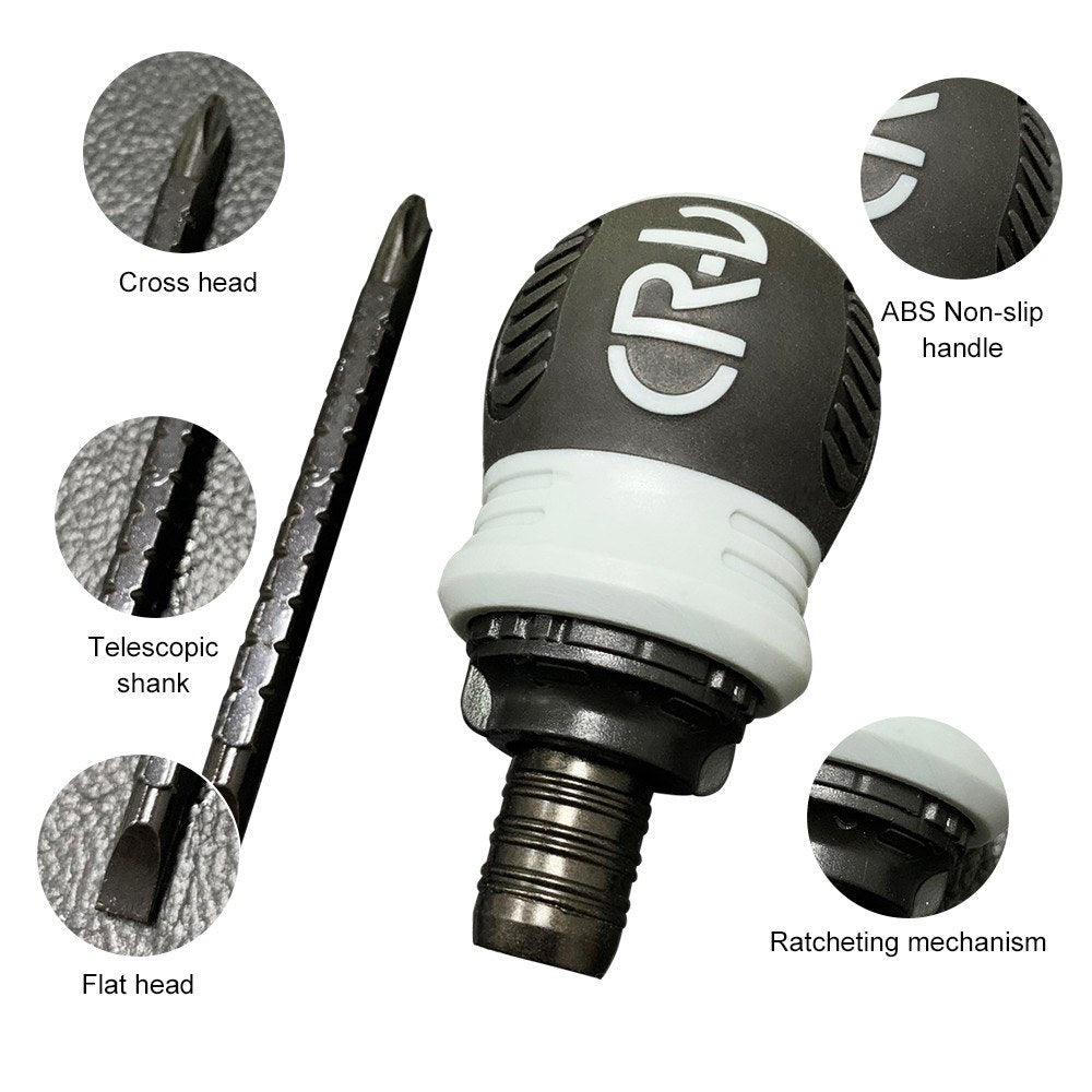 Stubby Ratchet Screwdriver Slotted and Cross Dual-end Telescoping CR-V Screwdriver Repair Tool - Grey