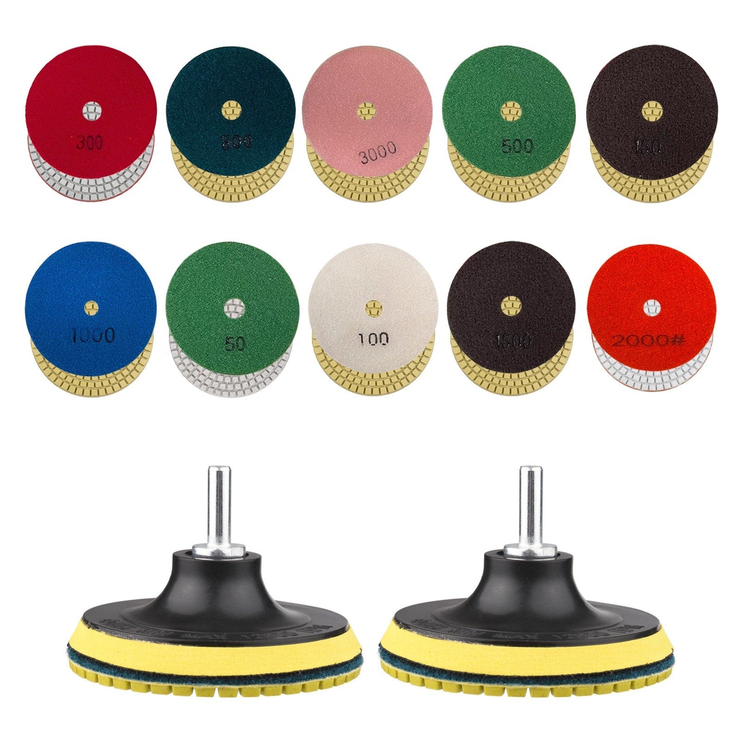 10Pcs 4-inch Polishing Pads + 2Pcs Backing Holder Pads + 2Pcs Drill Adapters for Solid Surface