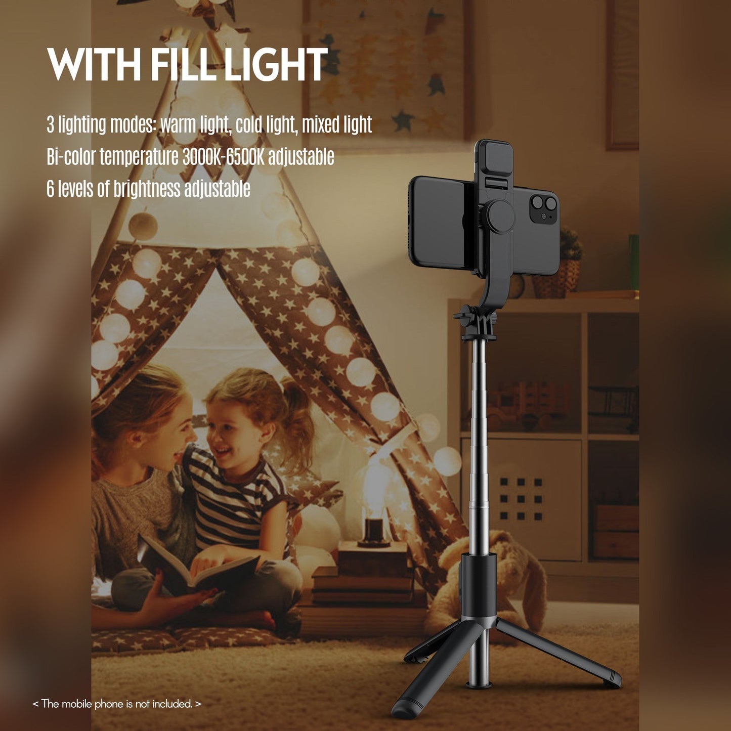 Wireless BT 4.0 Selfie Stick 104.5cm Max. Length Remote Control Extendable Tripod Stand with Fill Light for Video Recording Vlogging Live Streaming