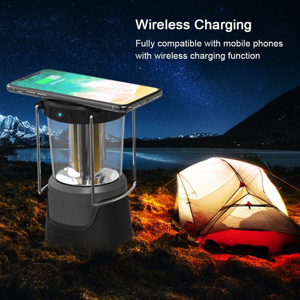 Portable Outdoor Lantern LED Camping Light Wireless Stereo Bluetooth Speaker Loudspeaker Qi Standard Wireless Charger Emergency Light