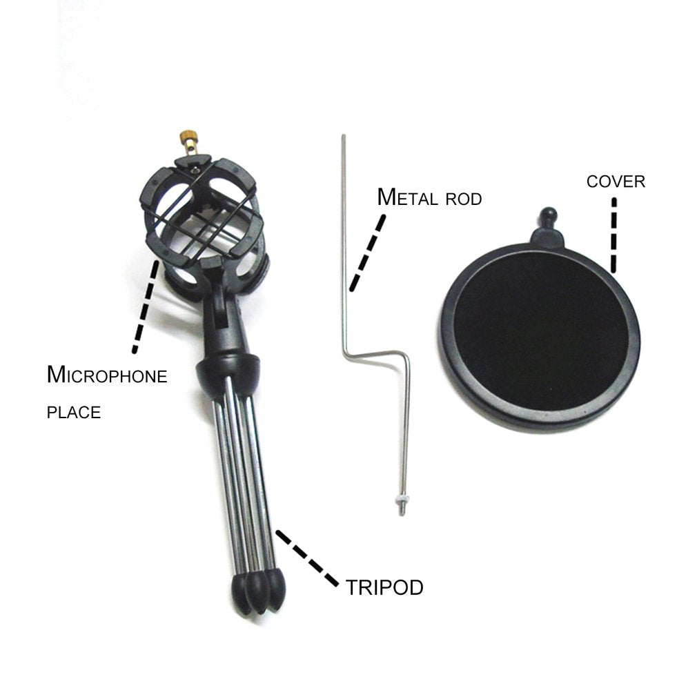 Microphone Tripod Stand Foldable Desktop Mic Bracket with Clip and Pop Filter