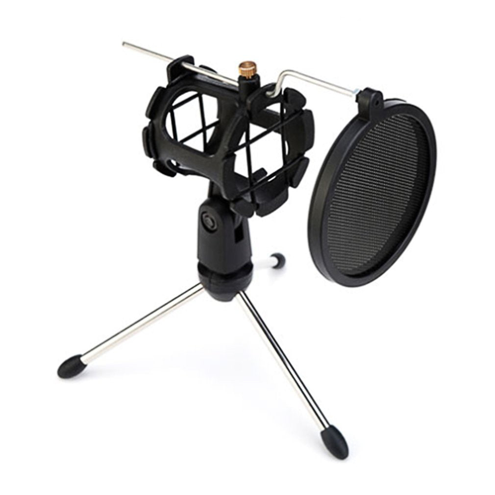 Microphone Tripod Stand Foldable Desktop Mic Bracket with Clip and Pop Filter