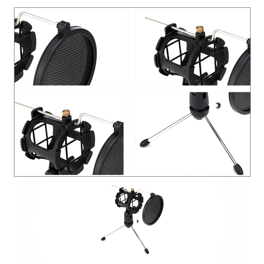 Microphone Tripod Stand Foldable Desktop Mic Bracket with Clip and Pop Filter