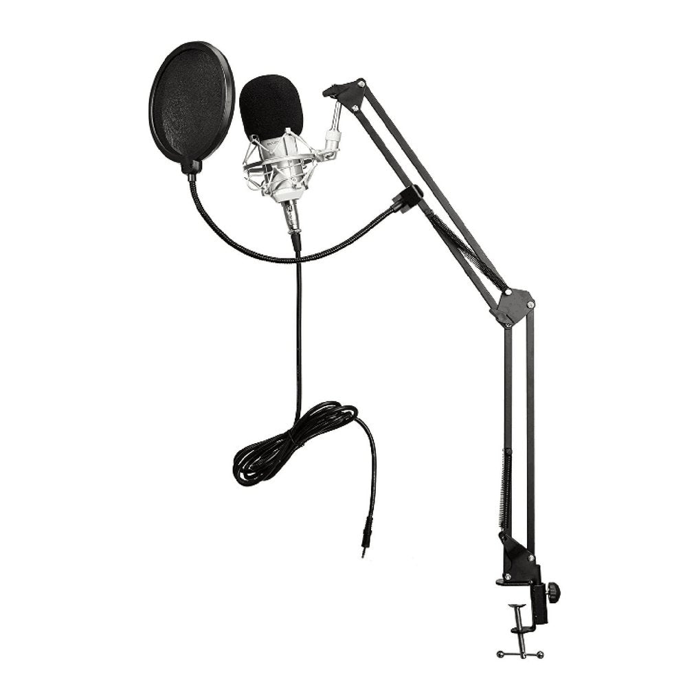 BM-800 Audio Vocal Studio Condenser Microphone Set 3.5MM Wired Computer Microphone with Stand - White / Silver