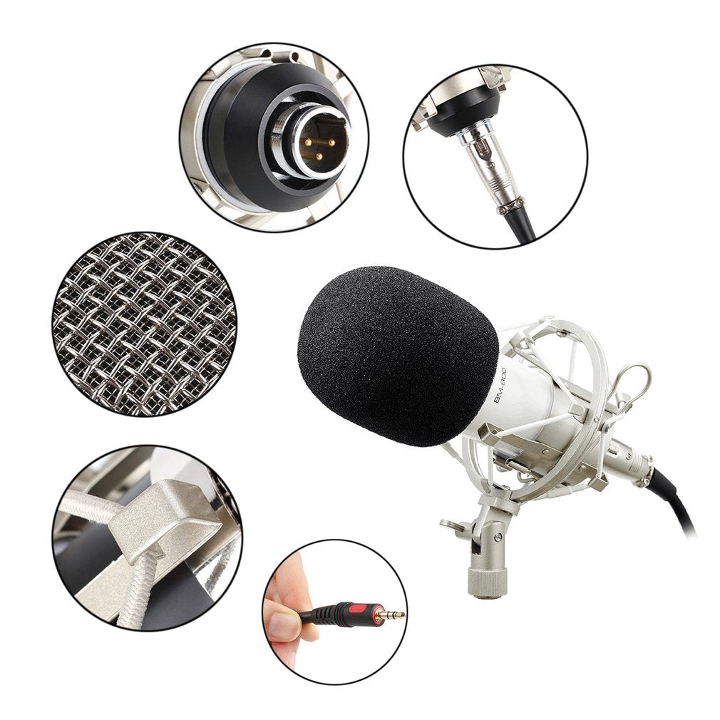 BM-800 Audio Vocal Studio Condenser Microphone Set 3.5MM Wired Computer Microphone with Stand - White / Silver