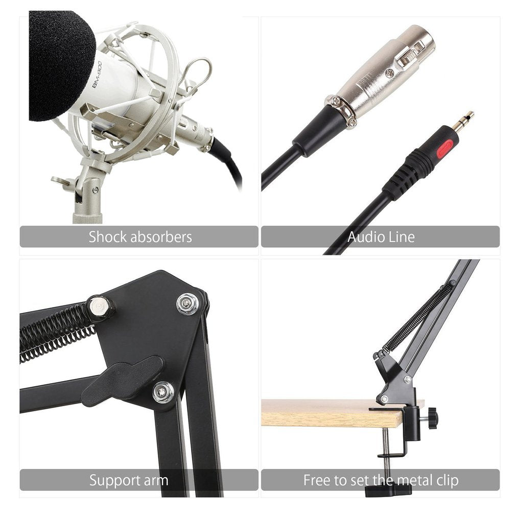 BM-800 Audio Vocal Studio Condenser Microphone Set 3.5MM Wired Computer Microphone with Stand - White / Silver