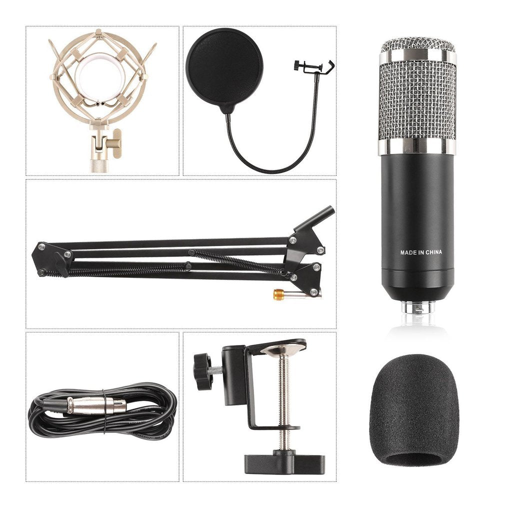 BM-800 Karaoke KTV Singing Wired Audio Vocal Studio Condenser Computer Microphone + Stand Set - Black / Silver