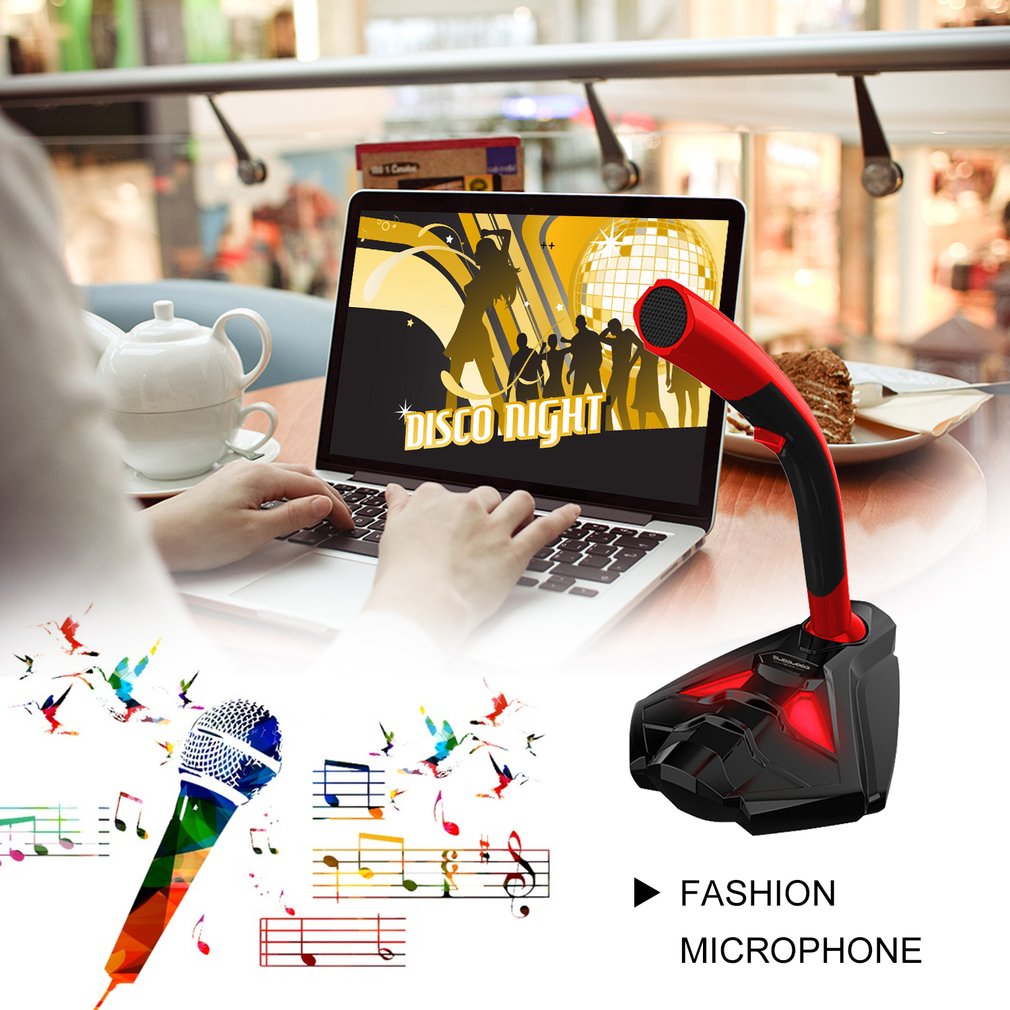 Desktop USB Gaming Computer Multimedia Microphone with Stand for Laptop, PC - Black / Red