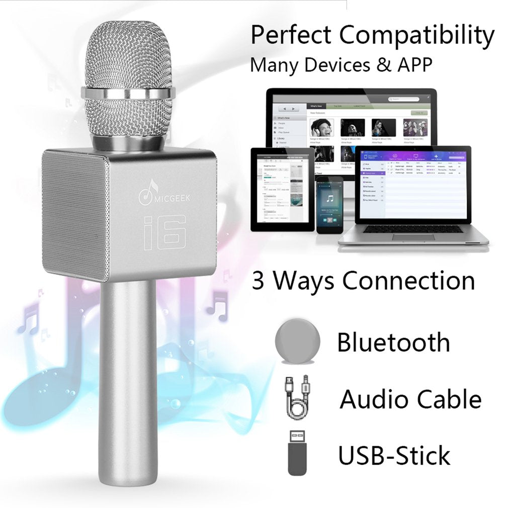 I6 Portable Wireless Karaoke Microphone Handheld Mic for Home KTV/Phone/PC - Silver