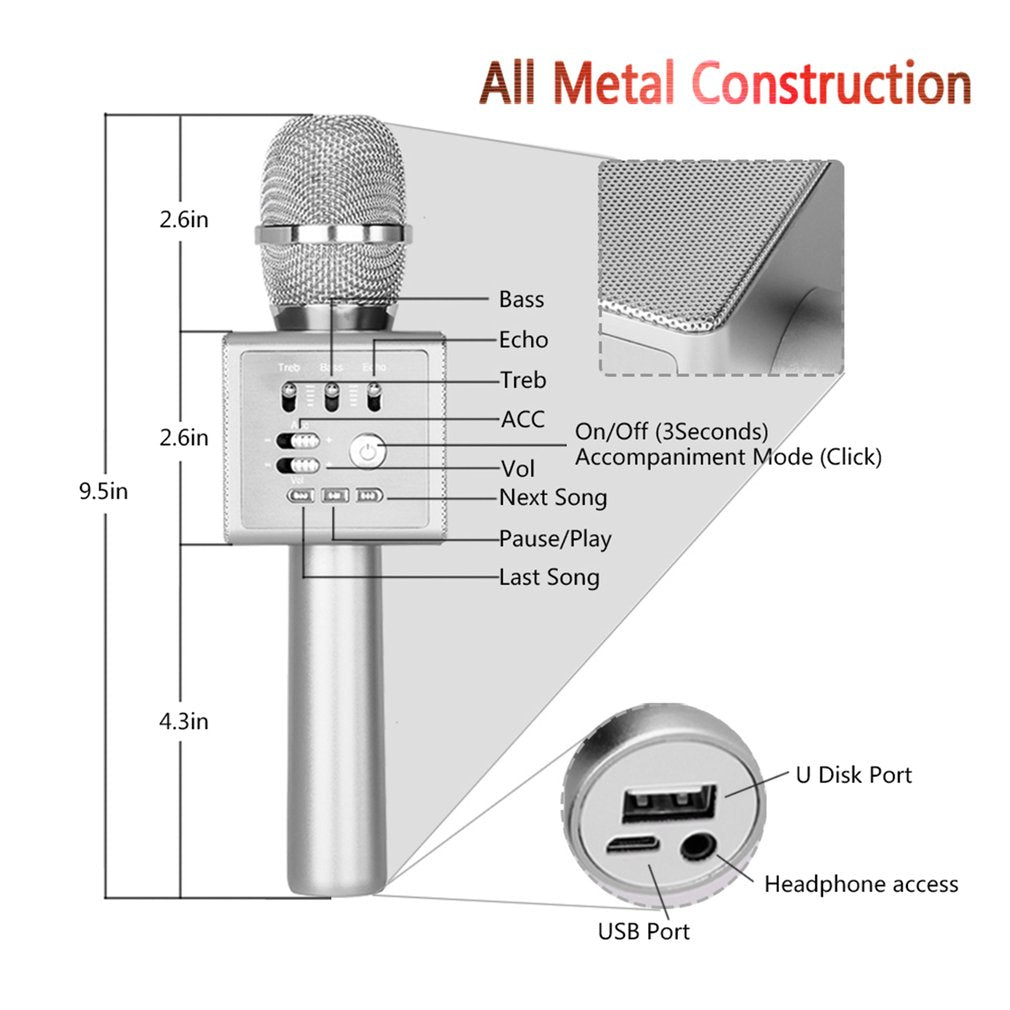 I6 Portable Wireless Karaoke Microphone Handheld Mic for Home KTV/Phone/PC - Silver