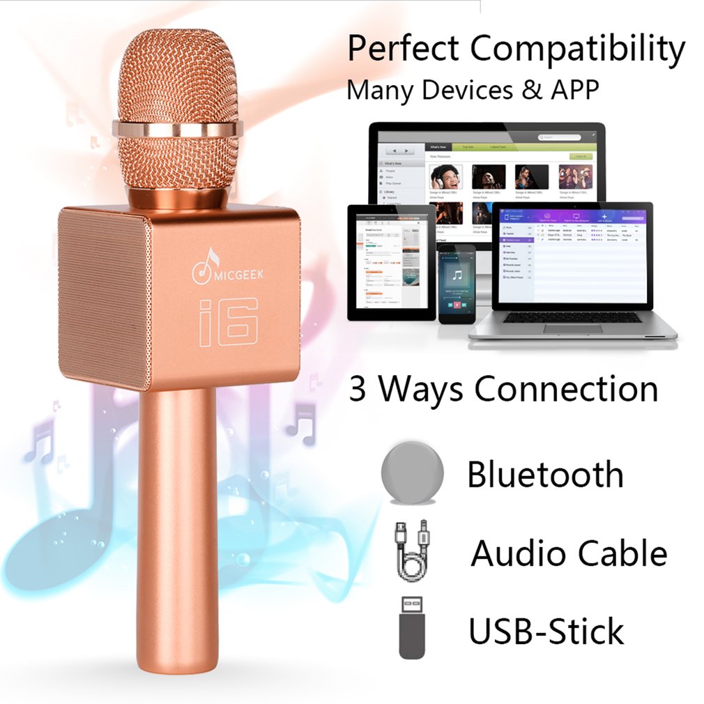 I6 Wireless Bluetooth Karaoke Microphone Handheld Portable Mic for Home KTV/Phone/PC - Pink