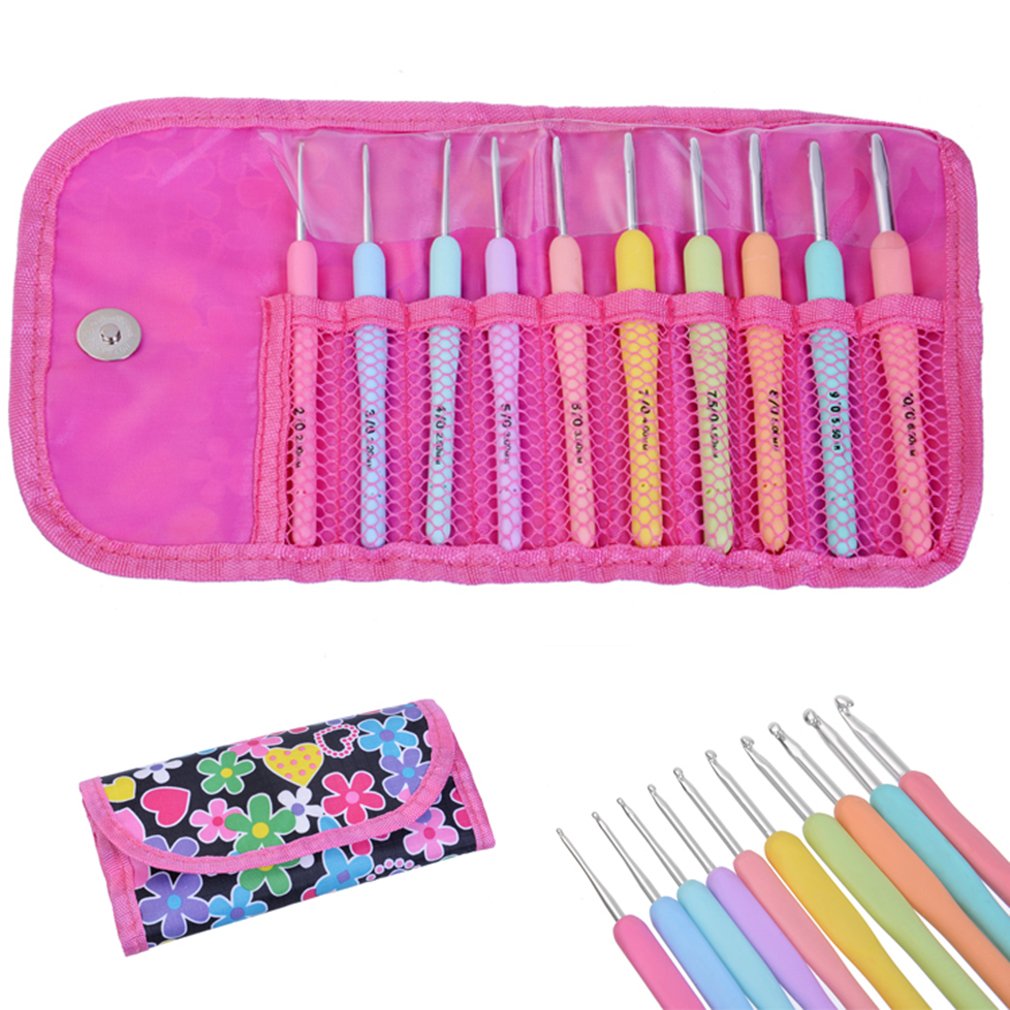 10Pcs Colorful TPR Soft Handle Aluminum Crochet Hooks Knitting Needles Set