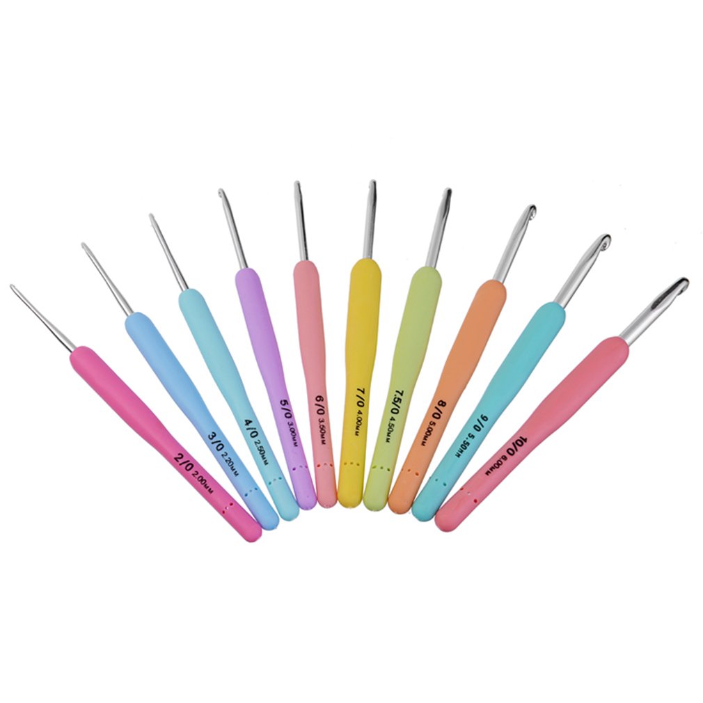10Pcs Colorful TPR Soft Handle Aluminum Crochet Hooks Knitting Needles Set