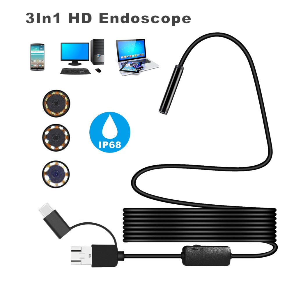 8MM Micro USB/Type-C/USB 3-in-1 HD Endoscope Waterproof Borescope Tube Camera with 8 White LED Lights - 3.5m Flexible Wire