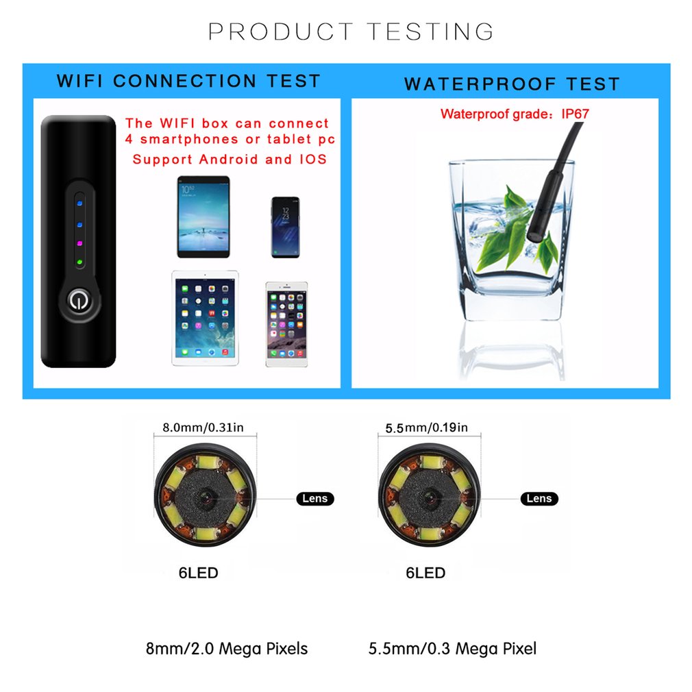 8.0mm 1.3MP Wifi Endoscope Camera IP67 Borescope Camera for Android iPhone