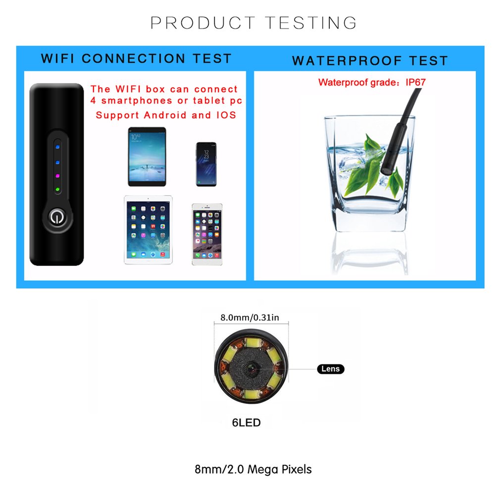 Phone Wifi Endoscope Camera 2 Mega Pixel Soft Cord 8.0mm IP67 Borescope Camera