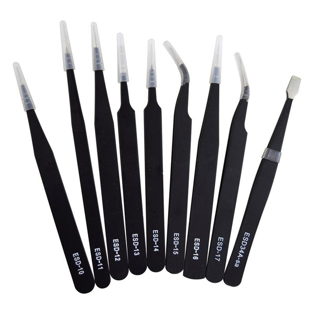 9Pcs ESD Stainless Steel Tweezers Kit Precision Anti-static Repairing Tools