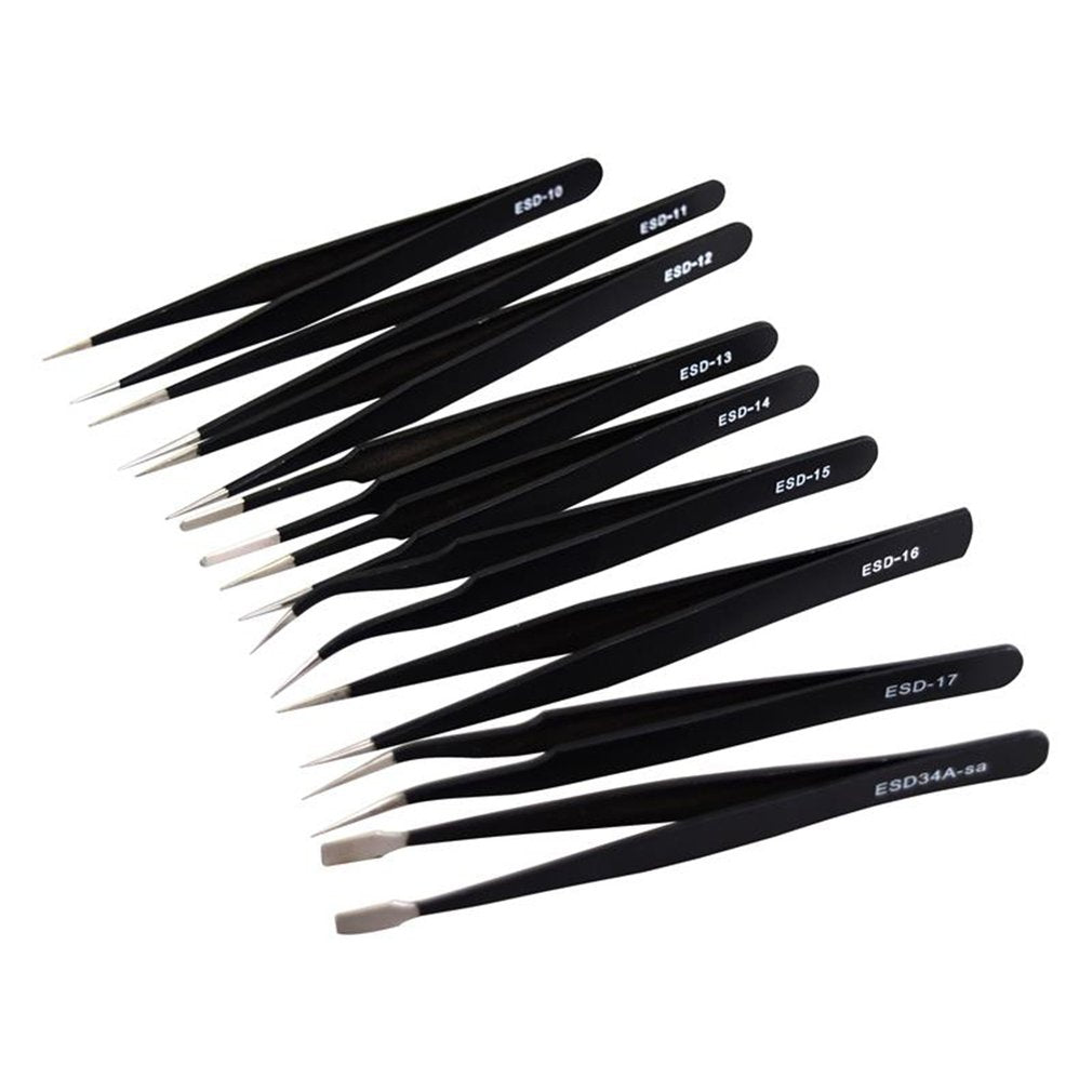 9Pcs ESD Stainless Steel Tweezers Kit Precision Anti-static Repairing Tools