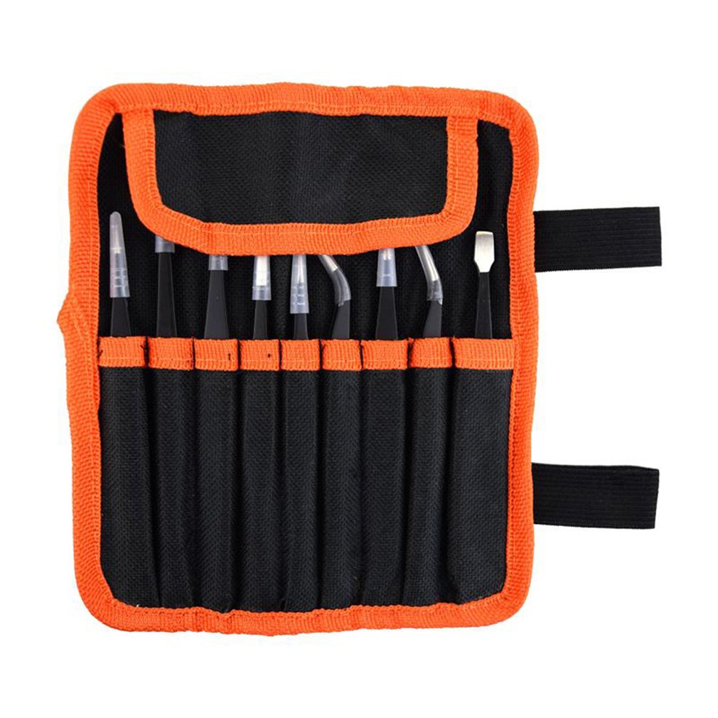 9Pcs ESD Stainless Steel Tweezers Kit Precision Anti-static Repairing Tools