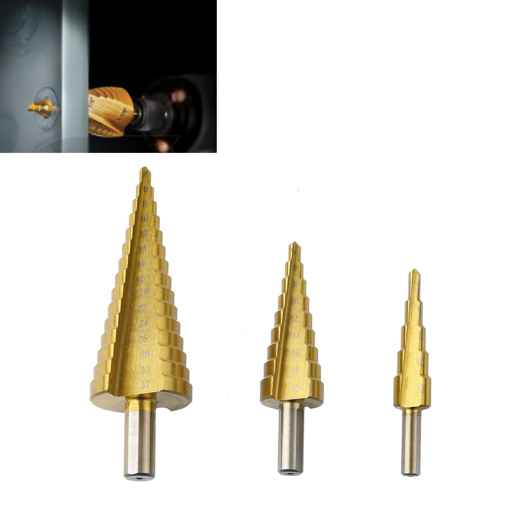 3Pcs Large HSS Steel Step Cone Drill Titanium Bit Set Hole 4-12/20/32mm Dint