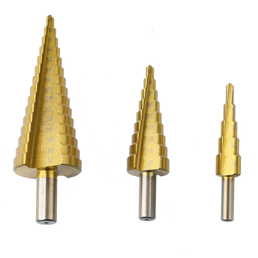 3Pcs Large HSS Steel Step Cone Drill Titanium Bit Set Hole 4-12/20/32mm Dint