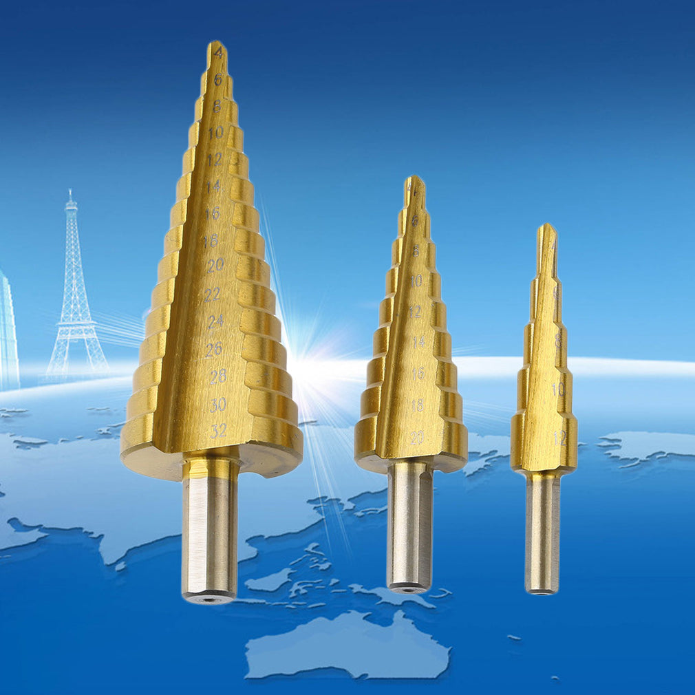 3Pcs Large HSS Steel Step Cone Drill Titanium Bit Set Hole 4-12/20/32mm Dint