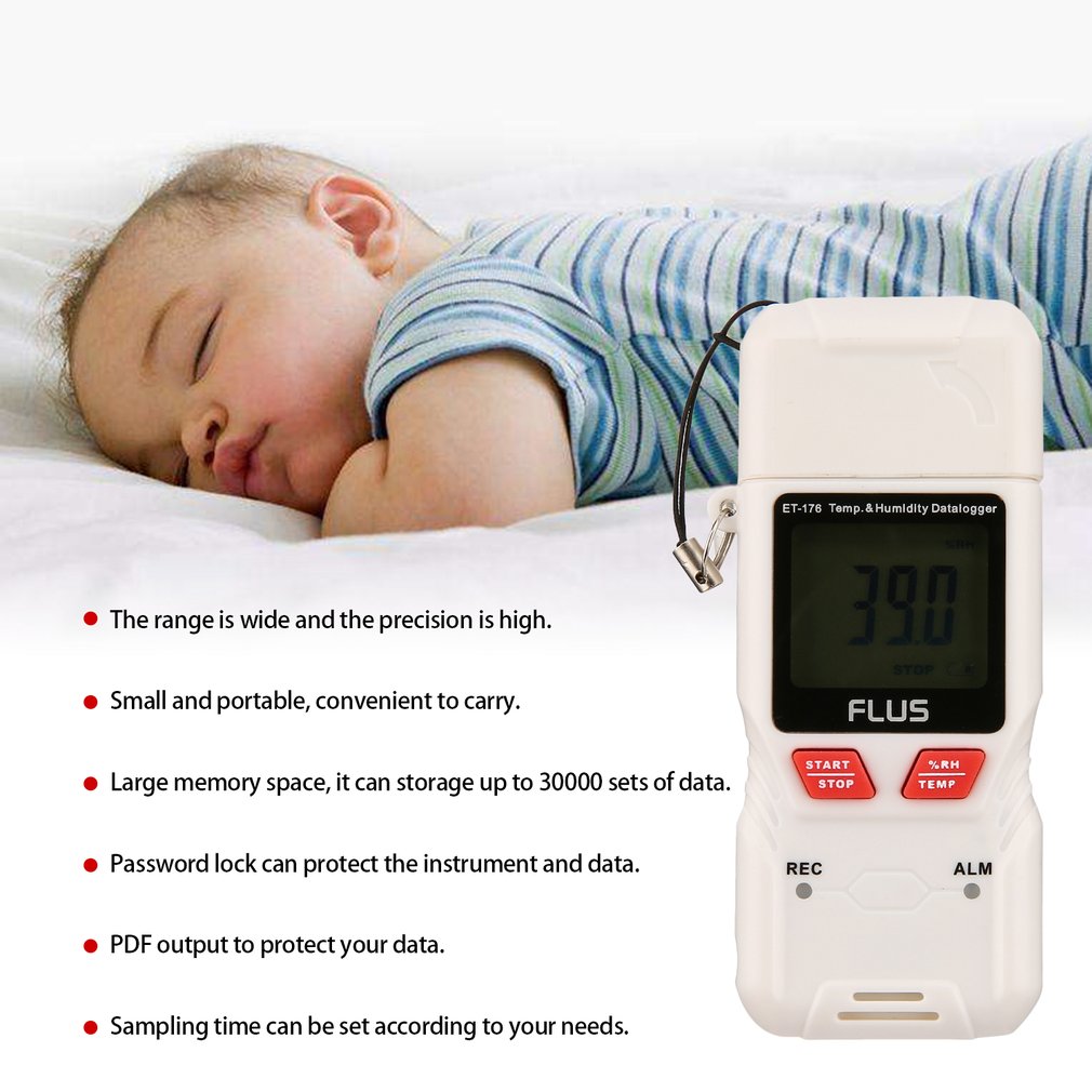 FLUS ET-176 Mini Digital LCD Temperature Humidity Recorder Support PDF Output