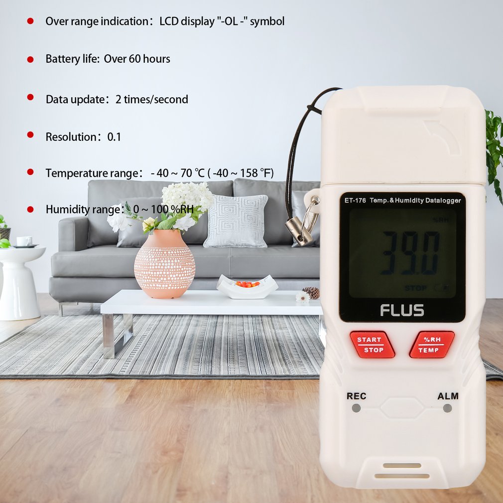 FLUS ET-176 Mini Digital LCD Temperature Humidity Recorder Support PDF Output