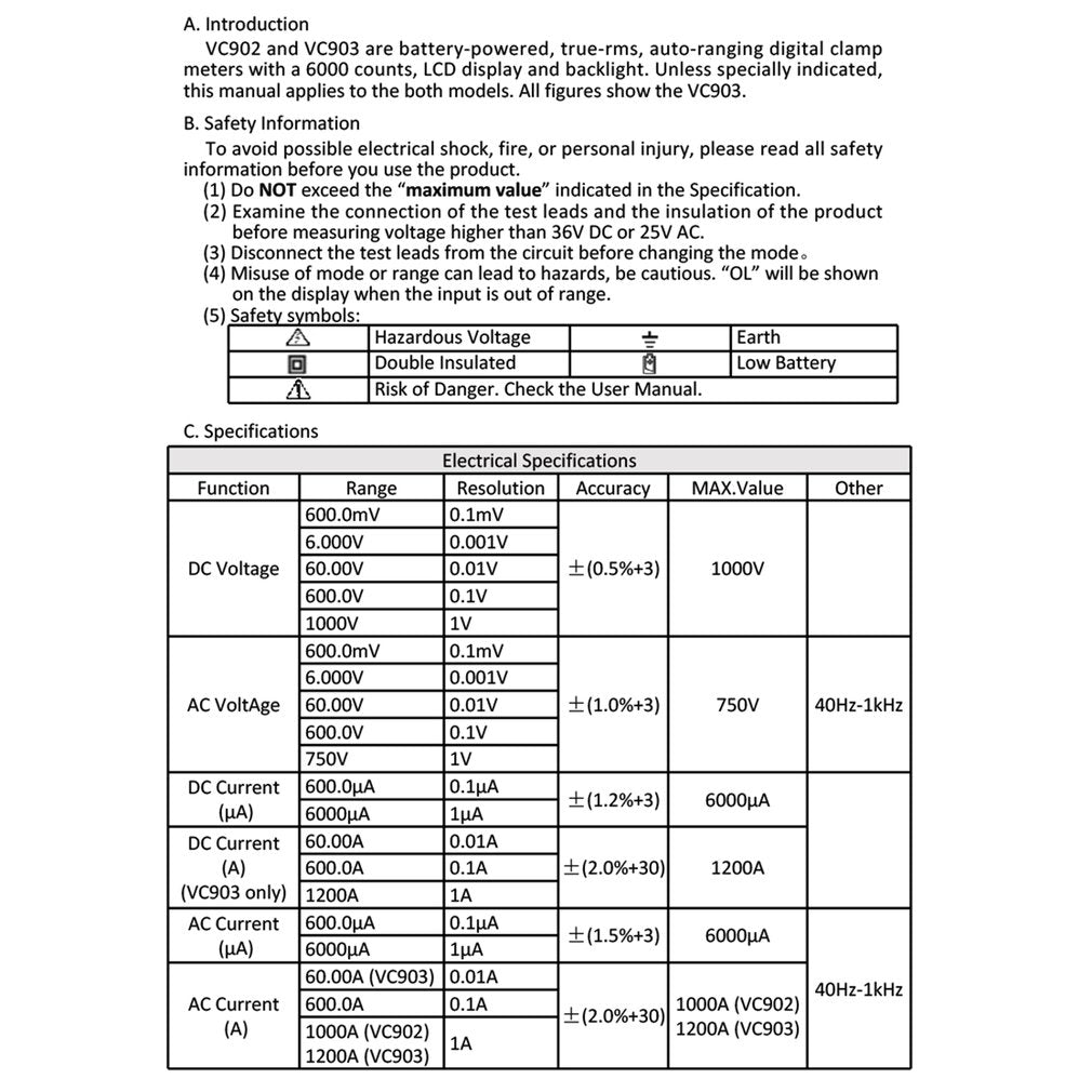 ZOTEK VC902 Digital Clamp Meter 6000 Counts Multimeter Handle Multimeter Tool