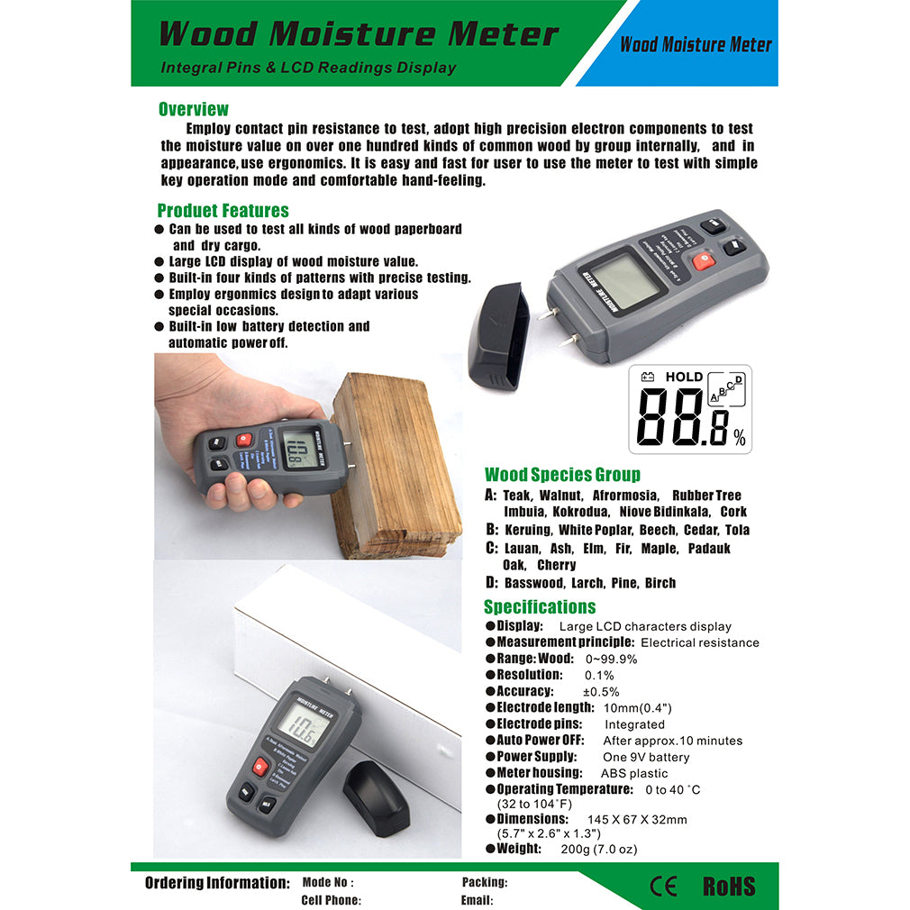 BSIDE EMT01 LCD 0-99.9% 2Pins Wood Industry Digital Moisture Meter Timber Humidity Tester