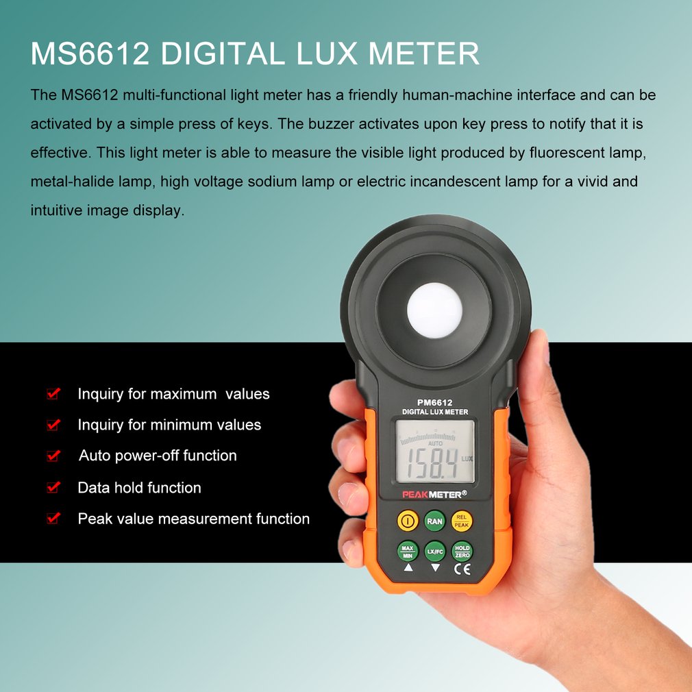 MS6612 Digital Luxmeter 200,000 Lux Light Meter Test Spectra Auto Range Measuring