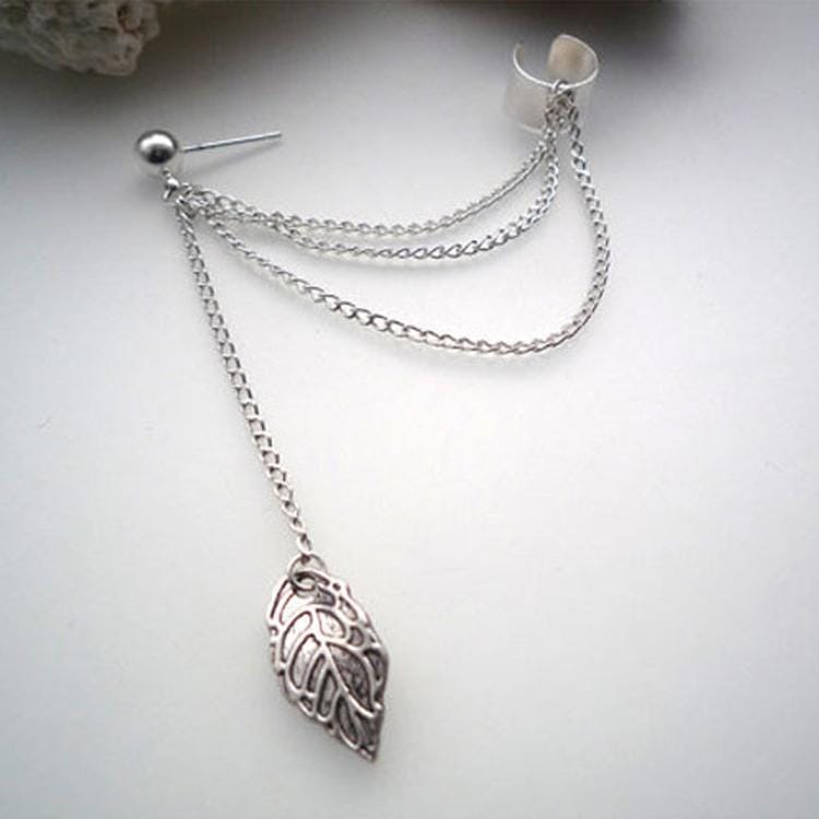 2 PCS Women Leaf Chain Tassel Earrings, Metallic Gold And Silver Jewelry Earrings Ear Clip (Gold)