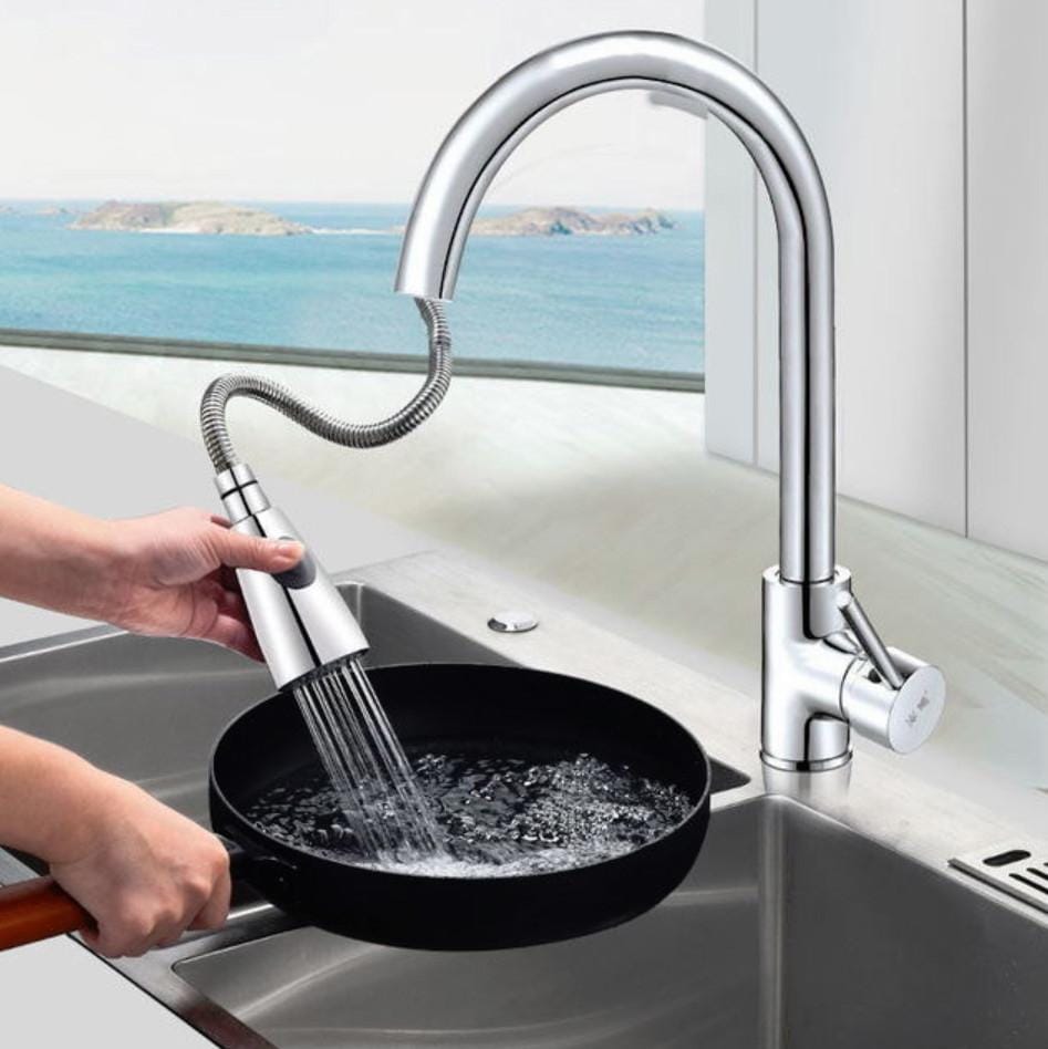 Kitchen Pull-out Faucet Hot And Cold Home 304 Stainless Steel Retractable Rotating Faucet, Style:Plating 304