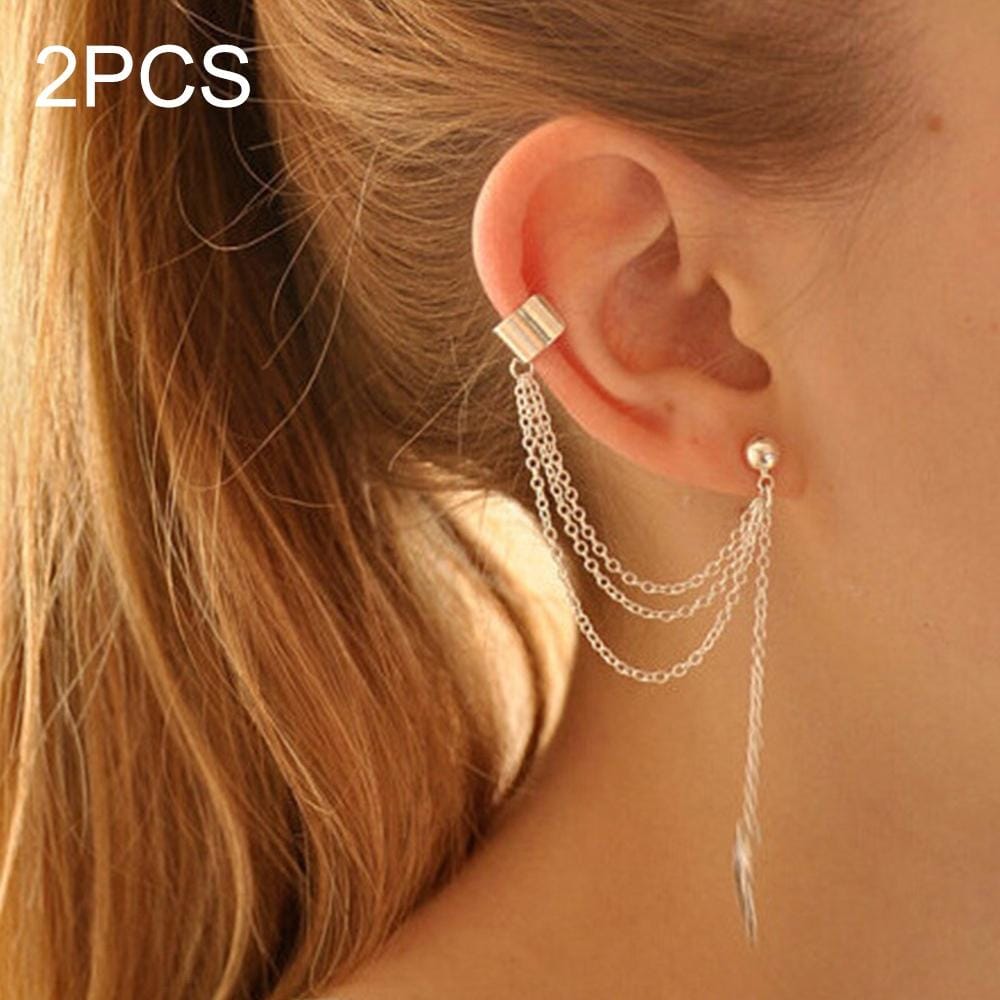 2 PCS Women Leaf Chain Tassel Earrings, Metallic Gold And Silver Jewelry Earrings Ear Clip (Gold)