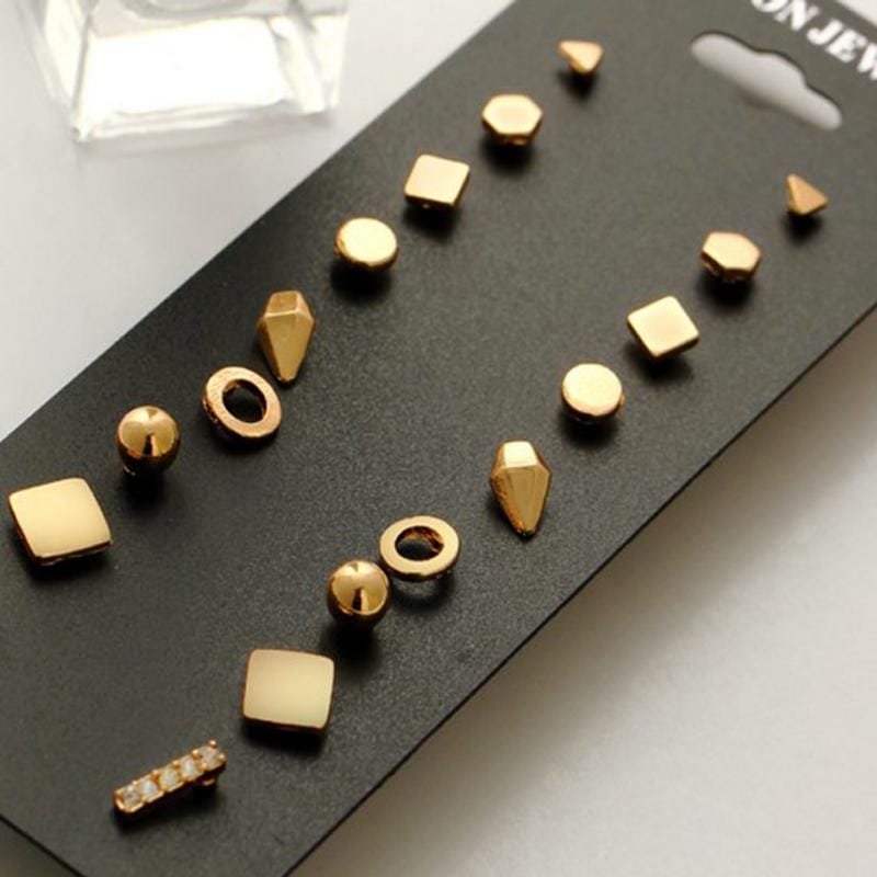 9 Pair Sets Assorted Multiple Stud Earrings Jewelry Set With Card For Women And Girls (Gold)