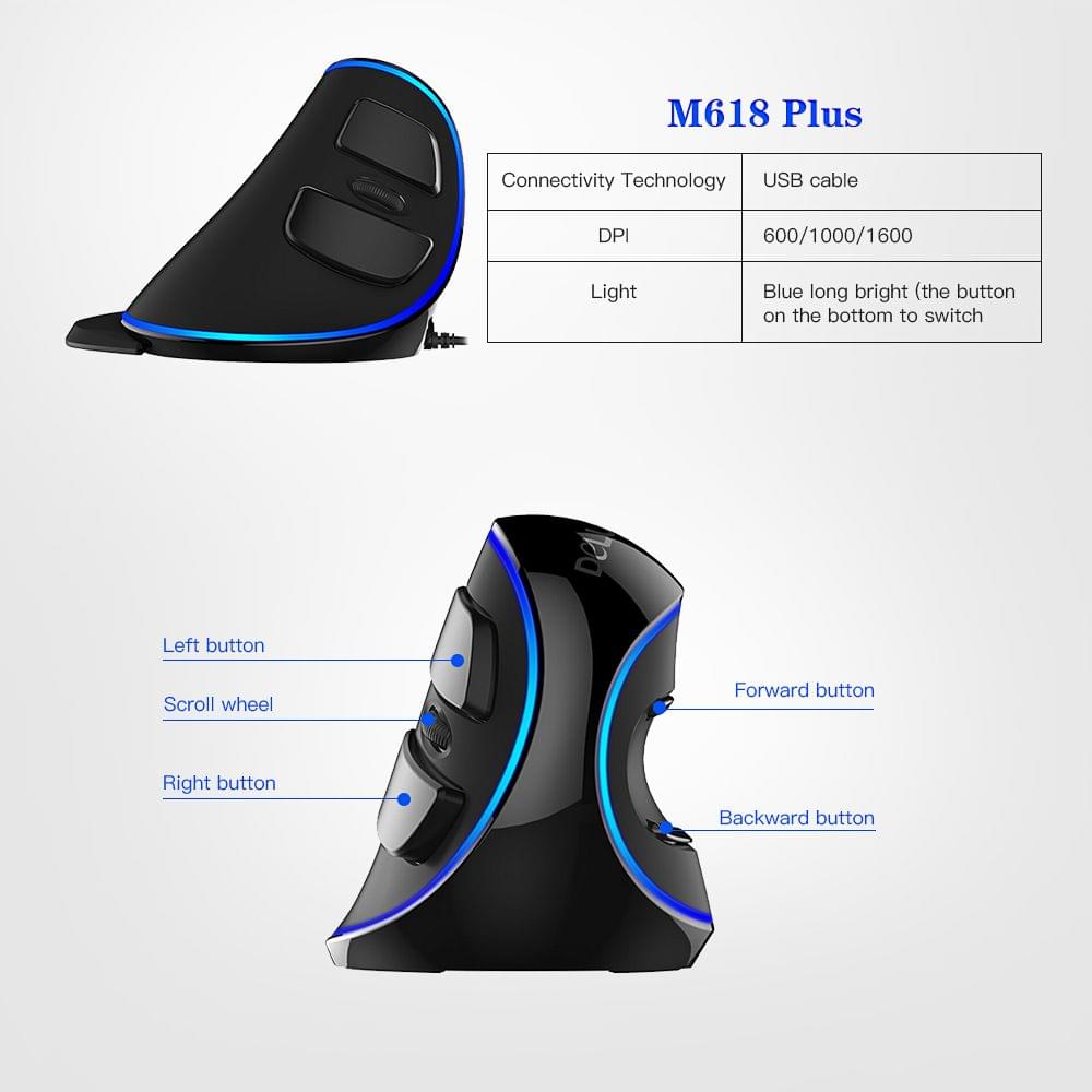 Delux M618 Plus Blue Light Wired Optical Mouse 600/1000/1600
