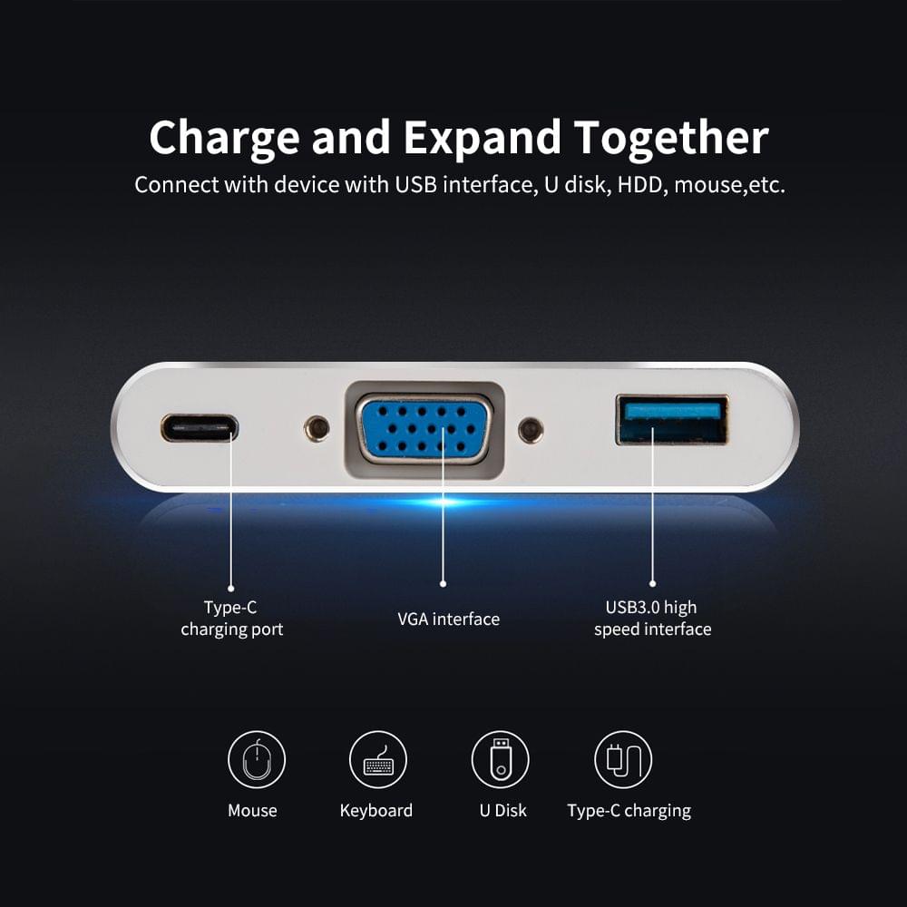 Hugeke 3 in 1 Type-C Expansion Hub USB C to