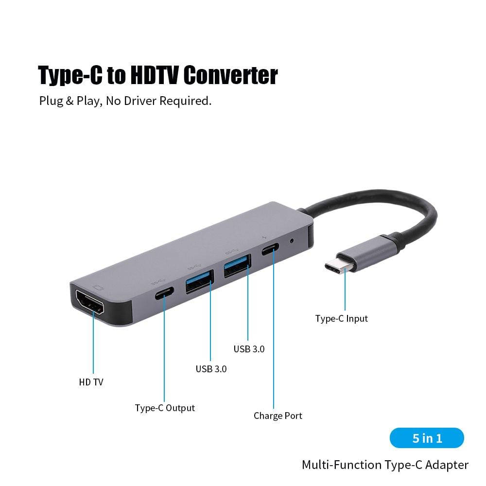 5-Port 5IN1 Type-C to PD USB*2 HDTV TypeC Adapter