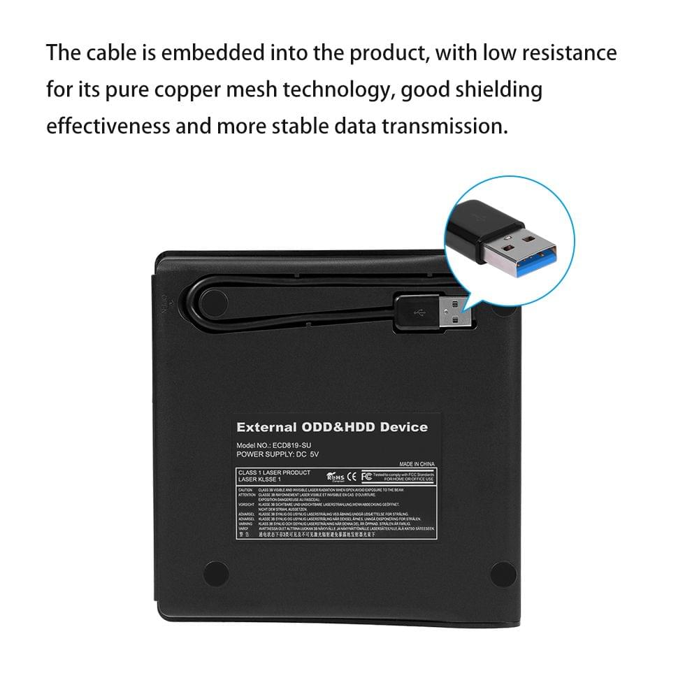 USB 3.0 Pop-up Mobile External DVD-RW Portable Drive ODD - Black