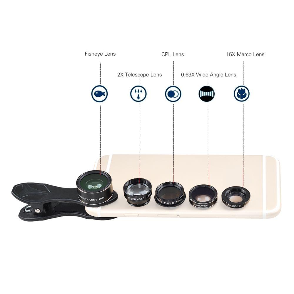 Uniqkart APL-DG5H 5 in 1 Cellphone Lens Kit 198? Fisheye Lens